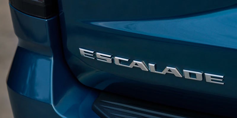 Close-up of the silver 'ESCALADE' emblem on a dark blue vehicle's rear.